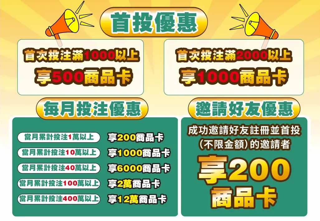運彩 運彩退水 新會員轉入會員優惠，投注兩千送7-11超商禮品卡，網路會員免抽獎優惠通享，註冊/移轉成功再享好禮，最高享5000超商商品卡回饋，無限領取當月投注滿額回饋，投注1萬送200、10萬送1000、40萬送6000、100萬送20000、200萬送iPhone、400萬送12萬，台灣運彩會員專屬活動"